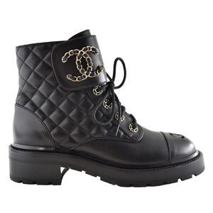Chanel 21A Black Quilted Gold CC Chain Combat Lace Up Tie Ankle Short Boots 38